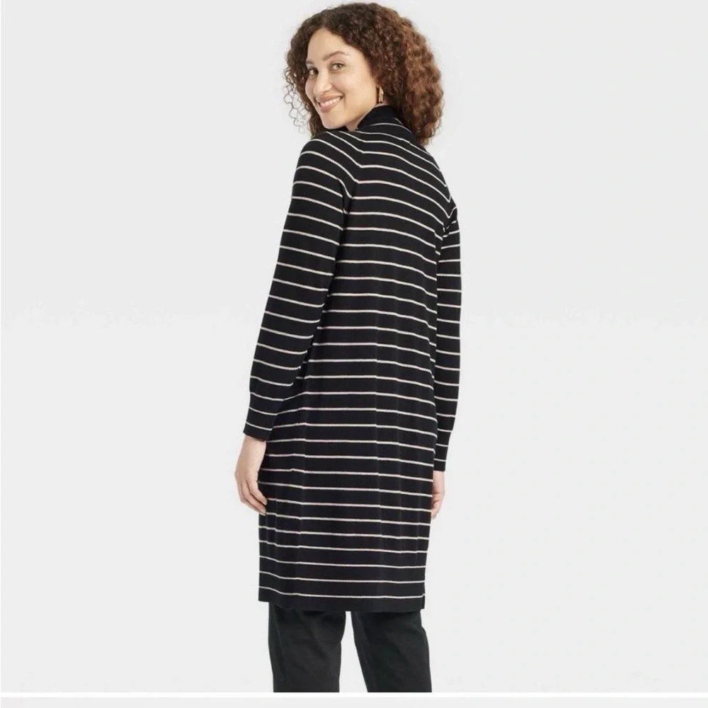 a new day Black Open Cardigan Sweater with Beige Stripes Small